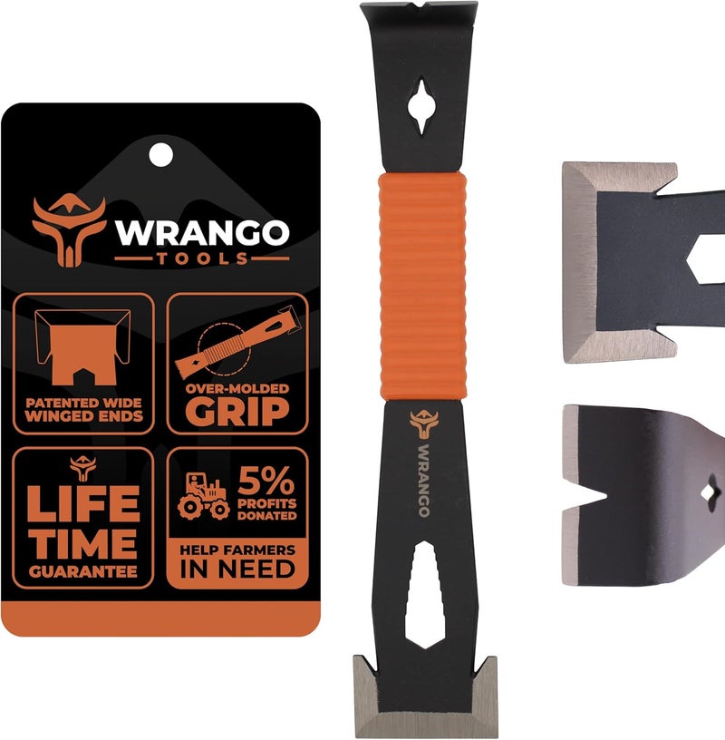 WRANGO TOOLS Store 9.5" Trim Bar Pry Bar - Patented Small Pry Bar with Bolt Remover & Nail Puller for Home Improvement & Construction - Flat Bar with Shock-Absorbing Grip & Wide Winged Ends - Image 1